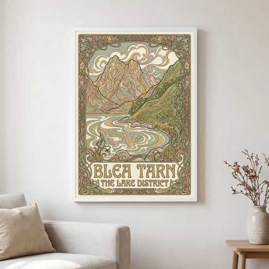 Blea Tarn travel poster in a white frame, hanging in a living2