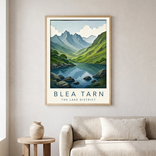 Blea Tarn travel poster in a natural frame, hanging in a living