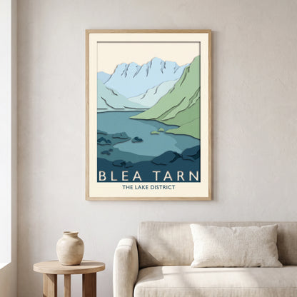 Blea Tarn travel poster in a natural frame, hanging in a living
