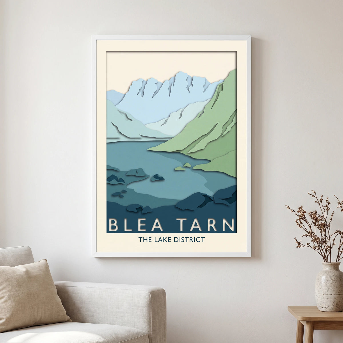 Blea Tarn travel poster in a white frame, hanging in a living2