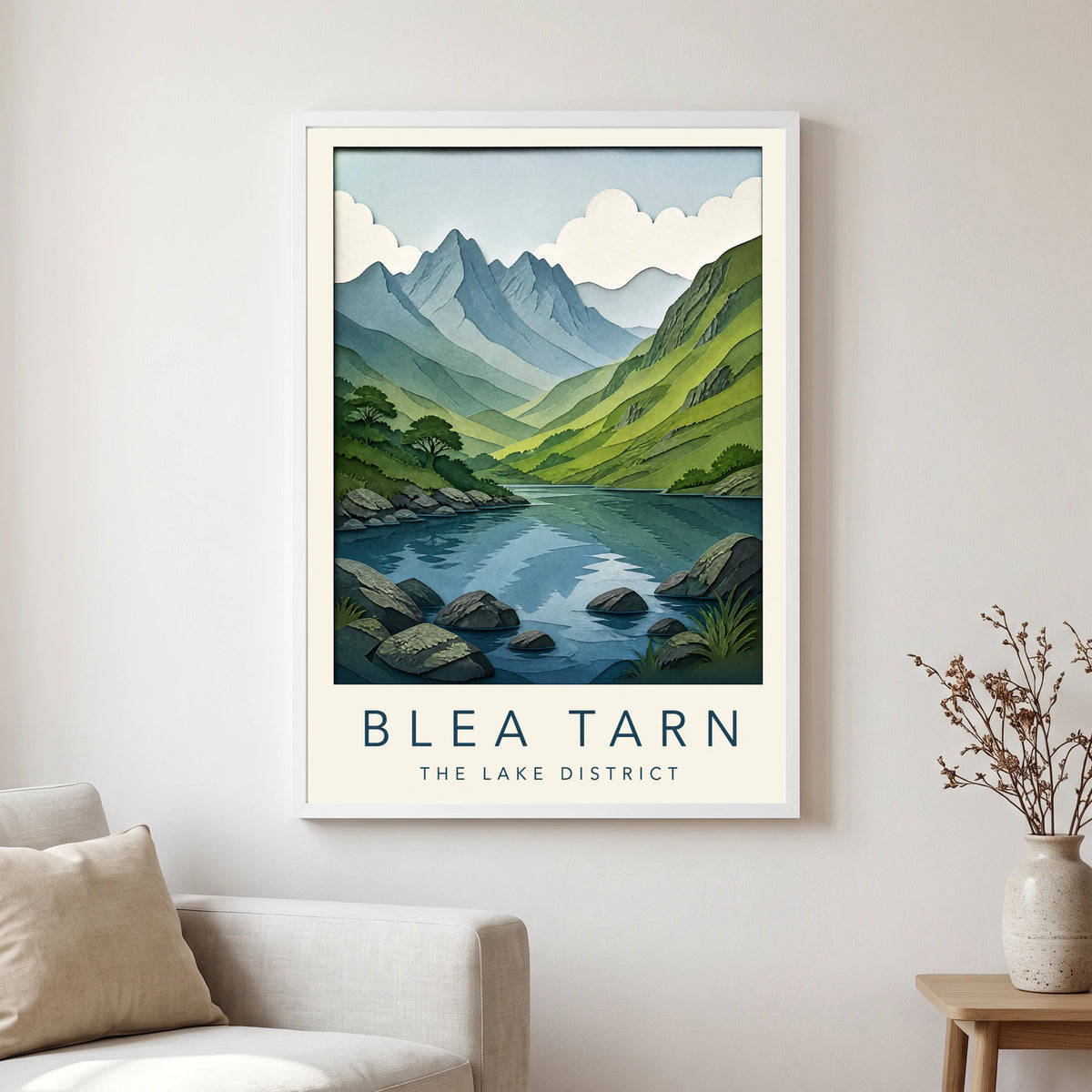 Blea Tarn travel poster in a white frame, hanging in a living2