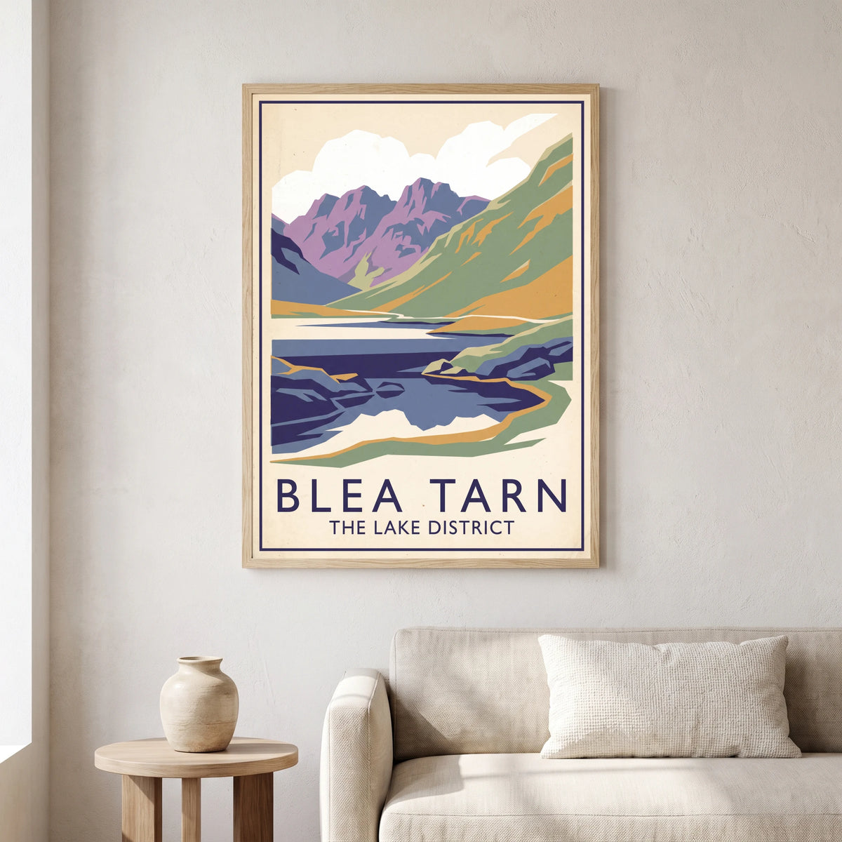 Blea Tarn travel poster in a natural frame, hanging in a living