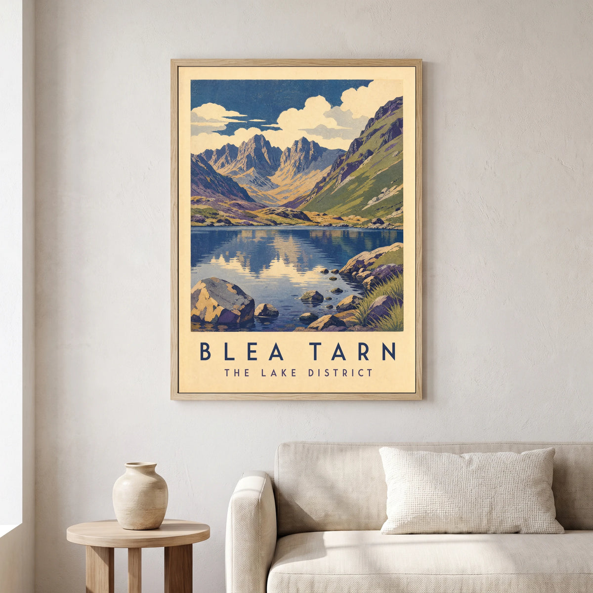 Blea Tarn travel poster in a natural frame, hanging in a living