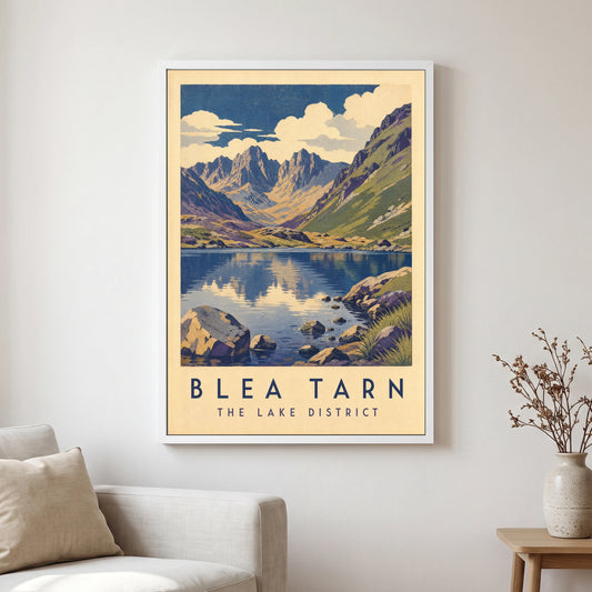 Blea Tarn travel poster in a white frame, hanging in a living2