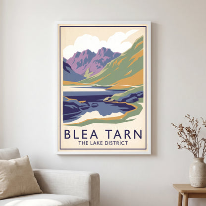 Blea Tarn travel poster in a white frame, hanging in a living2