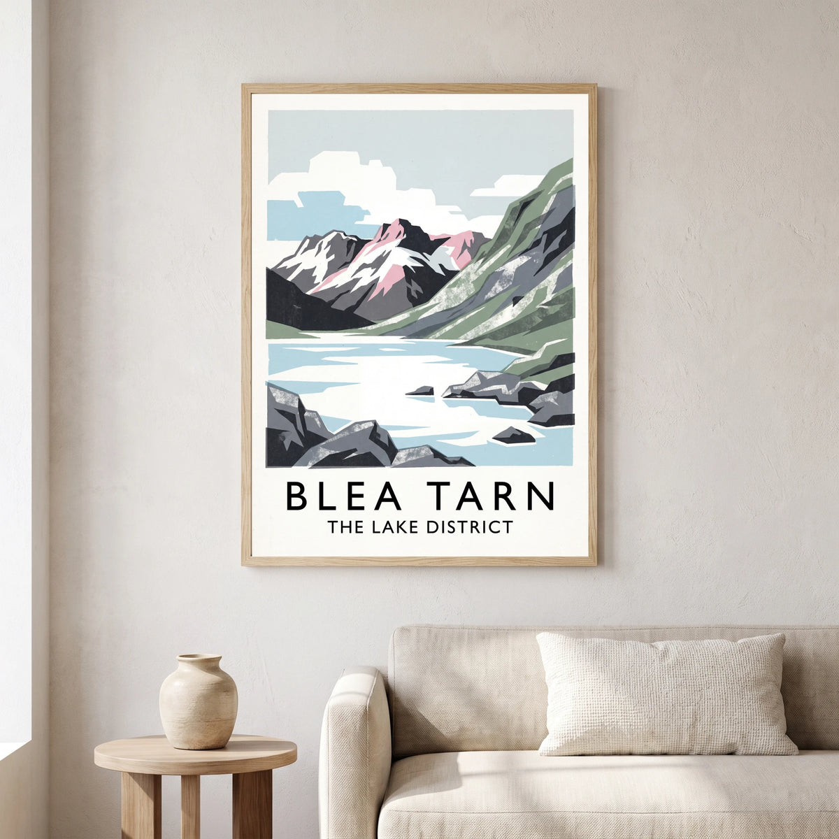 Blea Tarn travel poster in a natural frame, hanging in a living