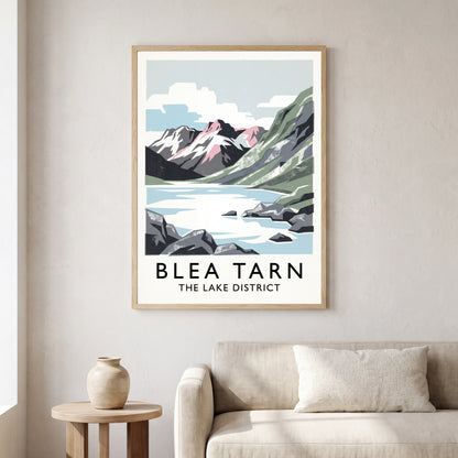 Blea Tarn travel poster in a natural frame, hanging in a living