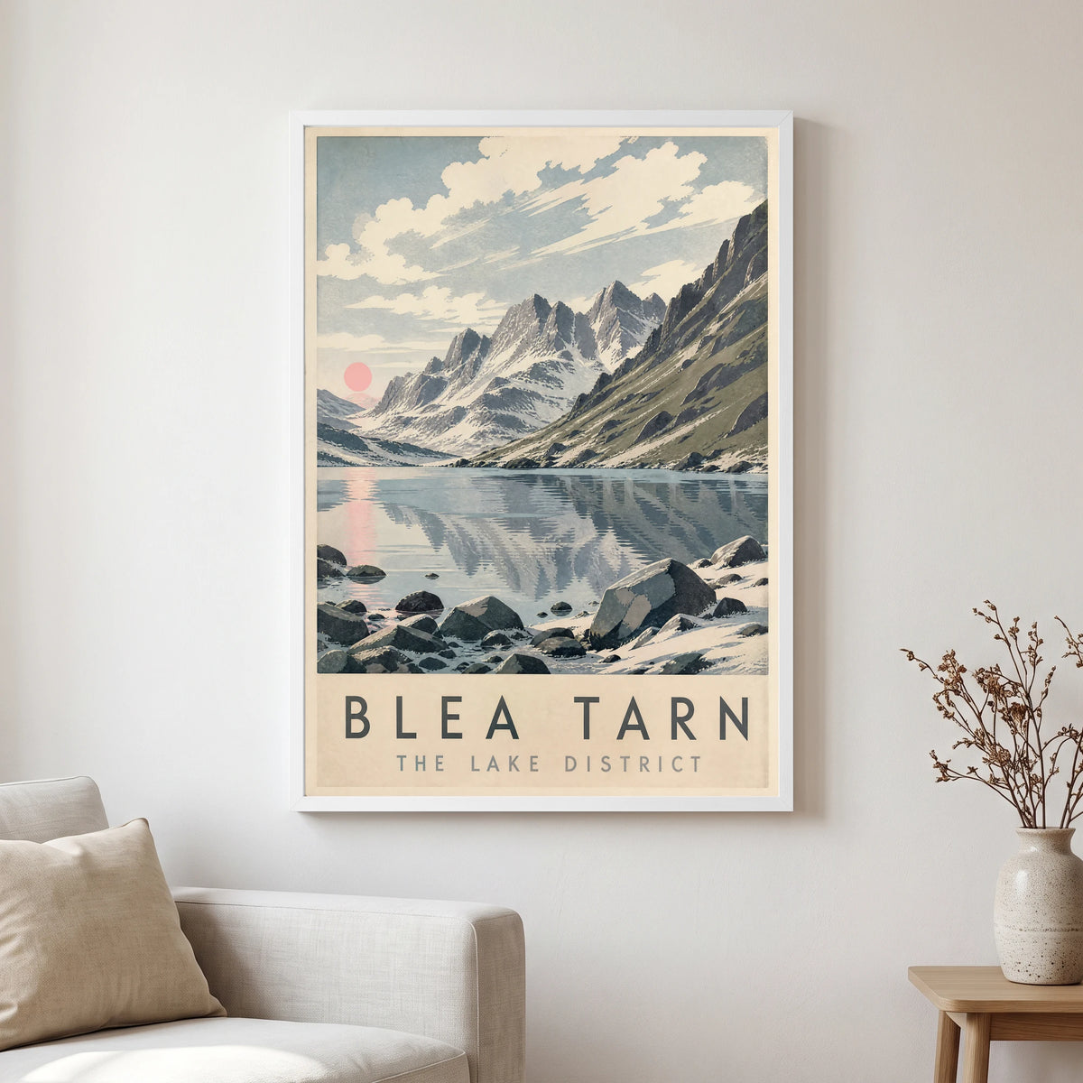 Blea Tarn travel poster in a white frame, hanging in a living2