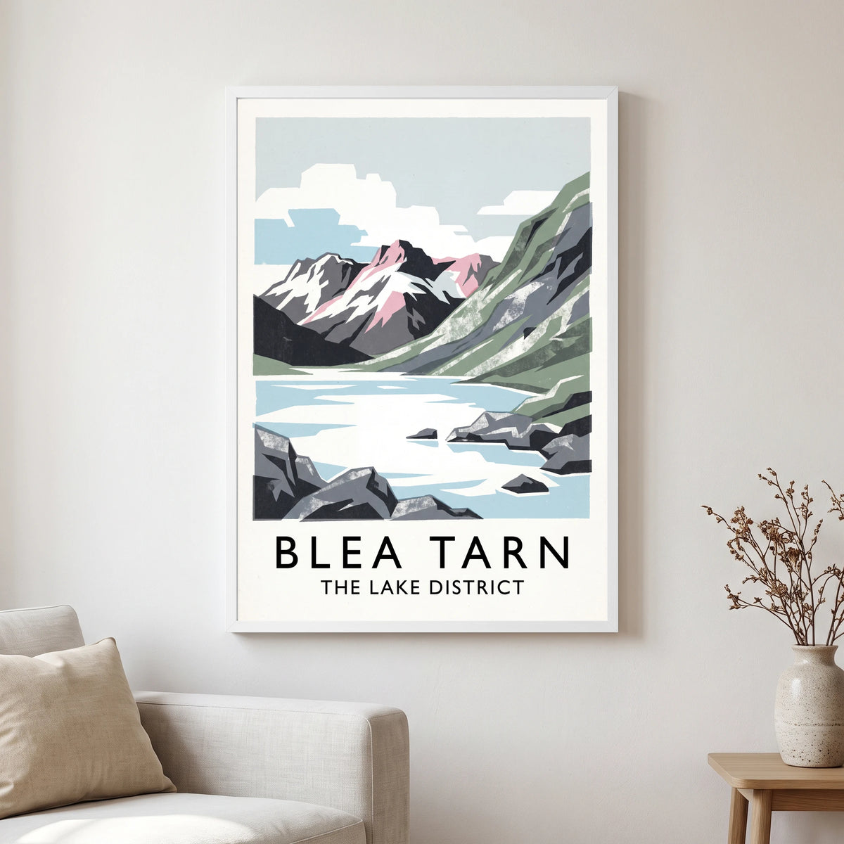 Blea Tarn travel poster in a white frame, hanging in a living2