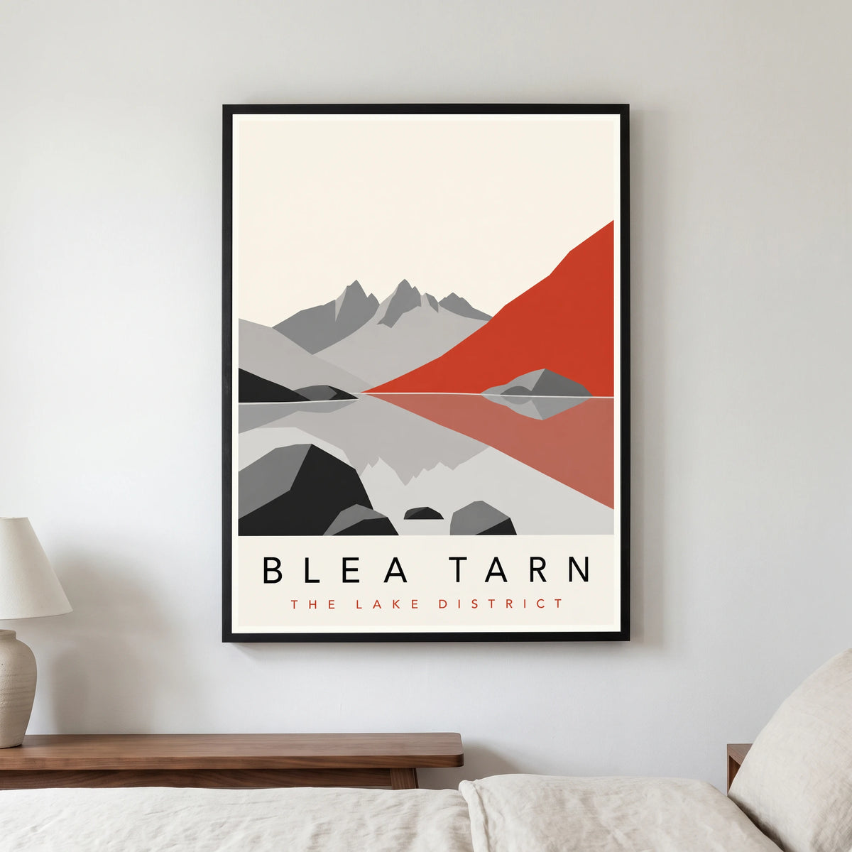 Blea Tarn travel poster in a black frame, hanging in a bedroom3