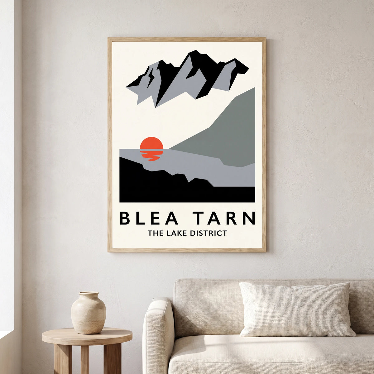 Blea Tarn travel poster in a natural frame, hanging in a living