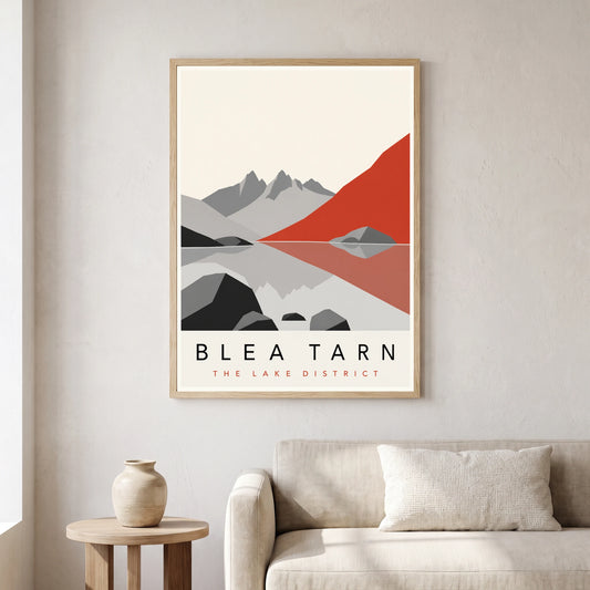 Blea Tarn travel poster in a natural frame, hanging in a living