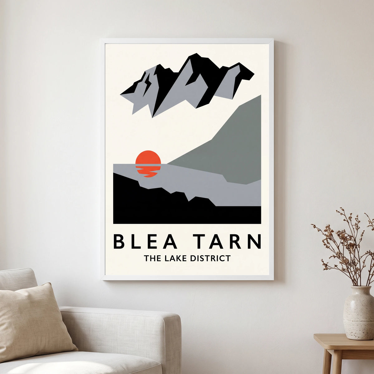 Blea Tarn travel poster in a white frame, hanging in a living2