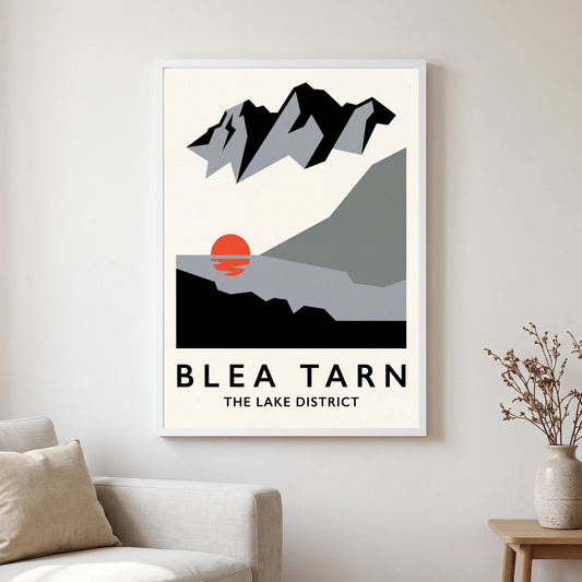 Blea Tarn travel poster in a white frame, hanging in a living2