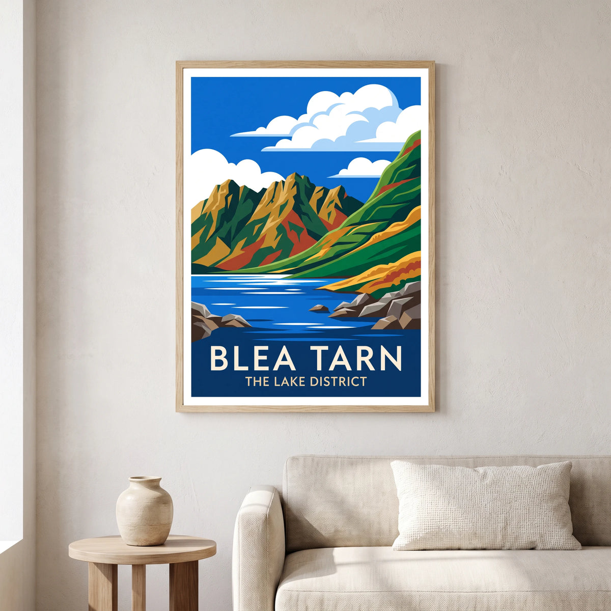 Blea Tarn travel poster in a natural frame, hanging in a living