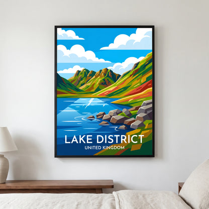 Blea Tarn travel poster in a black frame, hanging in a bedroom3