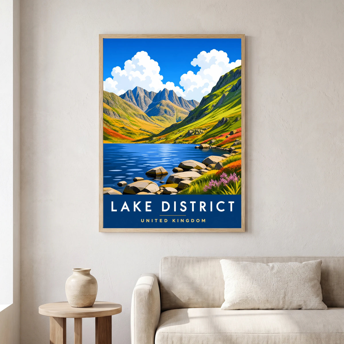 Blea Tarn travel poster in a natural frame, hanging in a living