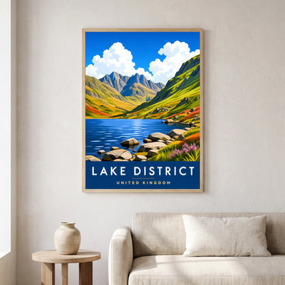 Blea Tarn travel poster in a natural frame, hanging in a living