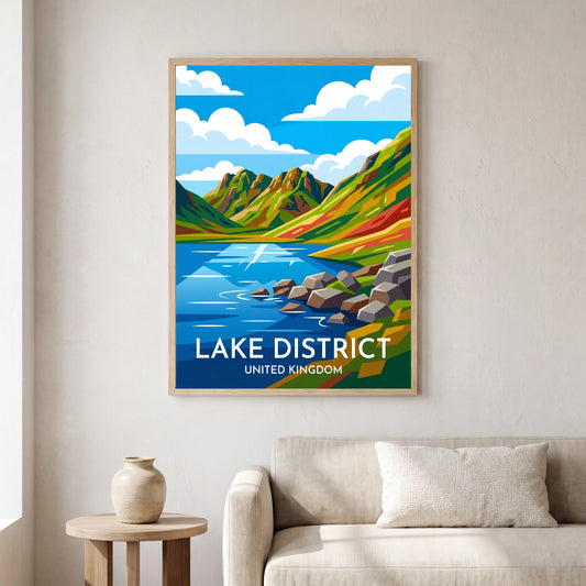 Blea Tarn travel poster in a natural frame, hanging in a living