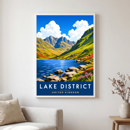 Blea Tarn travel poster in a white frame, hanging in a living2