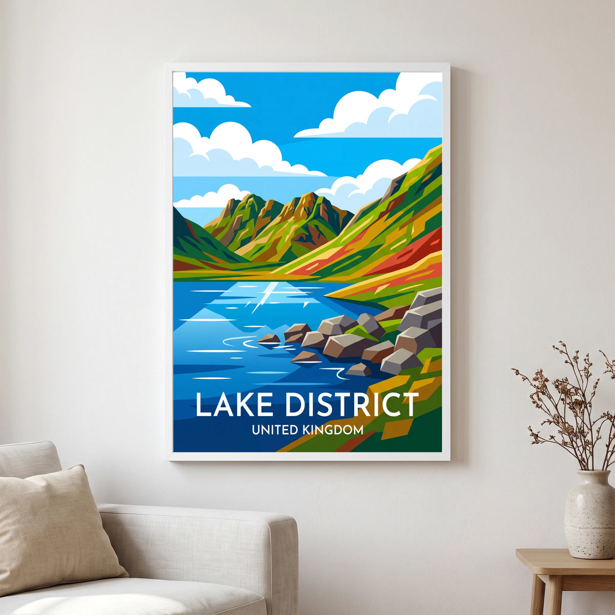 Blea Tarn travel poster in a white frame, hanging in a living2