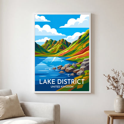 Blea Tarn travel poster in a white frame, hanging in a living2