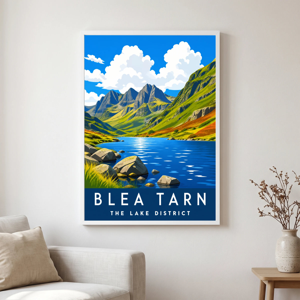 Blea Tarn travel poster in a white frame, hanging in a living2