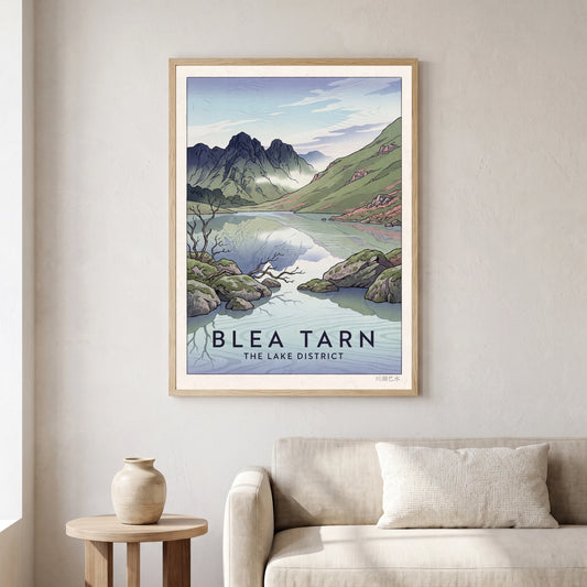 Blea Tarn travel poster in a natural frame, hanging in a living