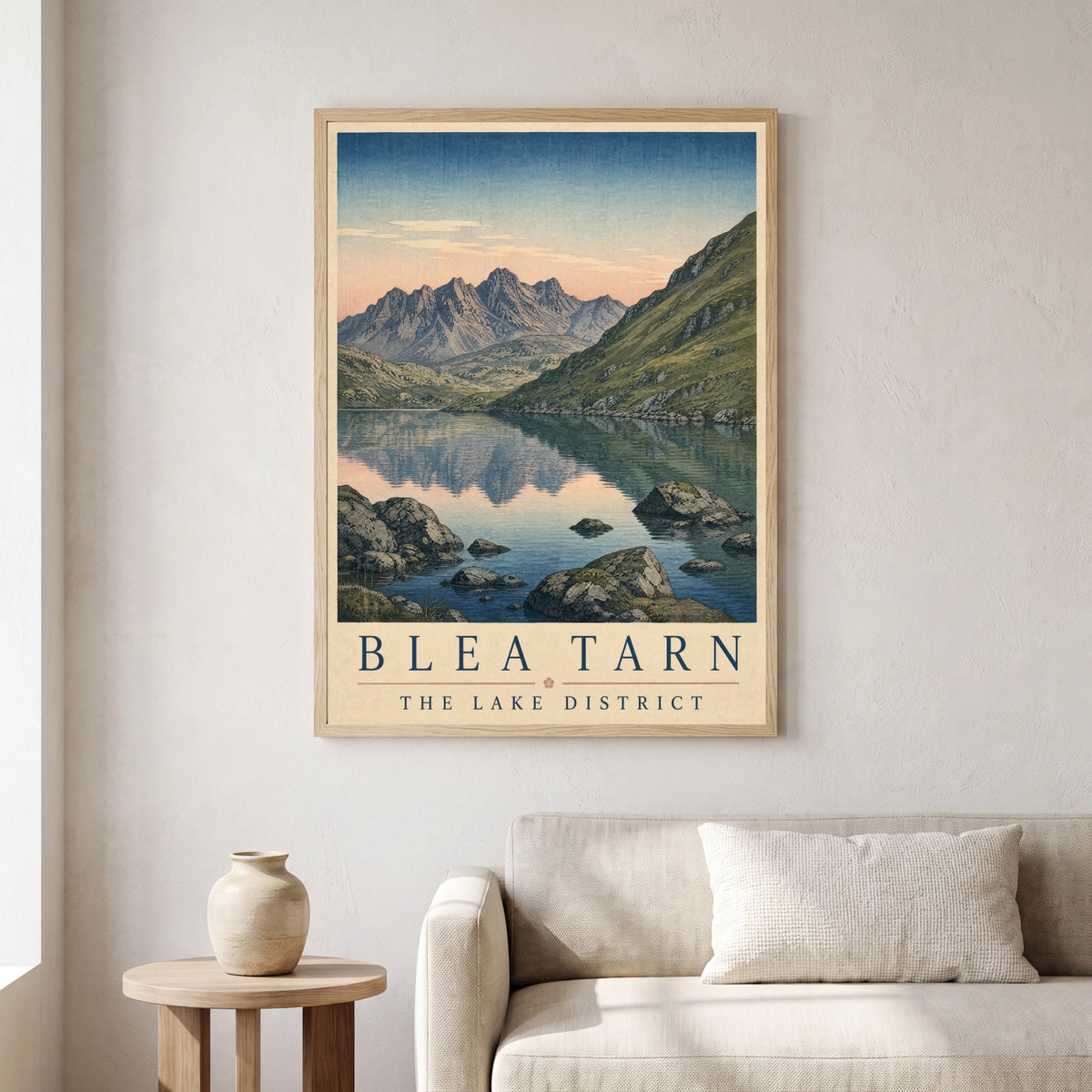 Blea Tarn travel poster in a natural frame, hanging in a living