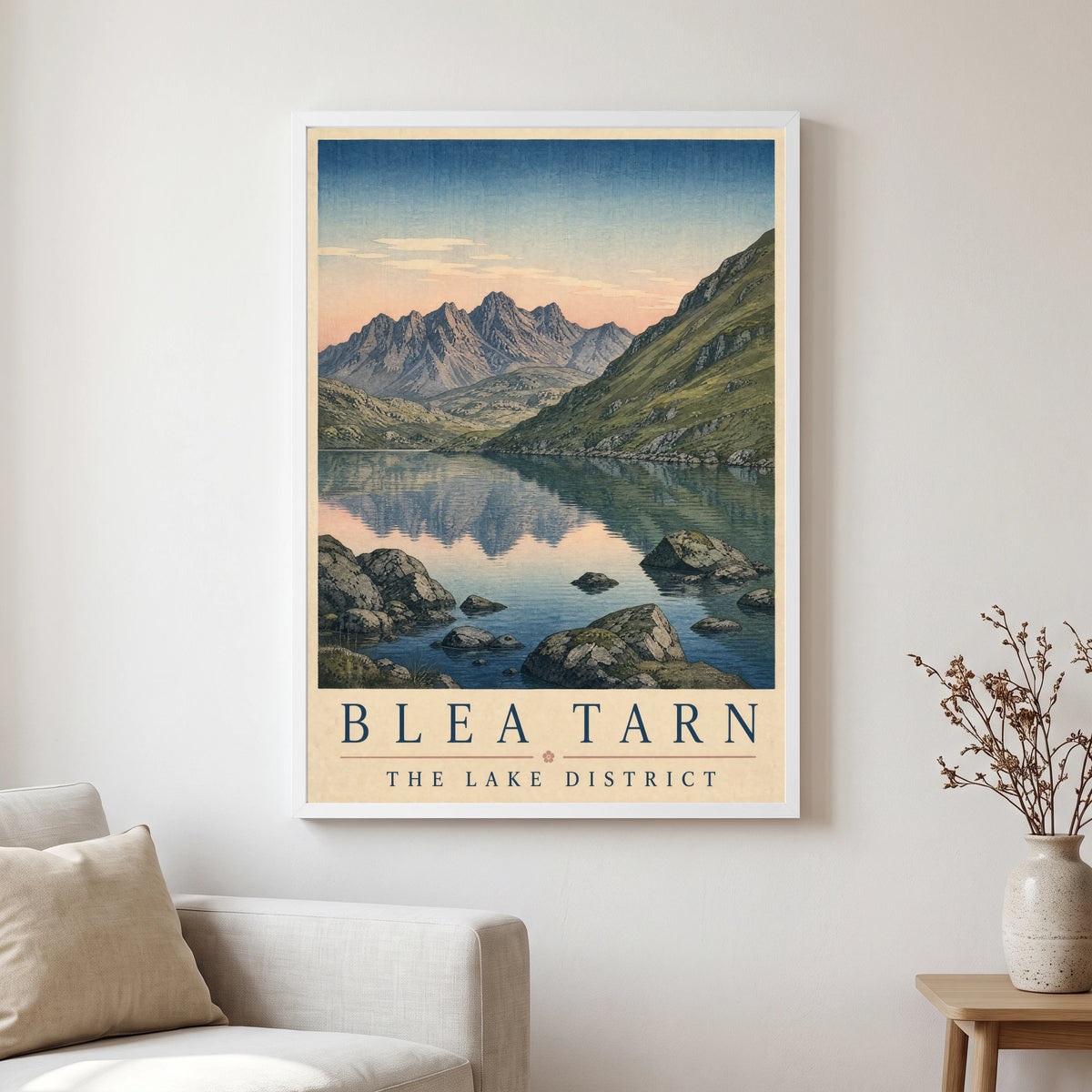Blea Tarn travel poster in a white frame, hanging in a living2