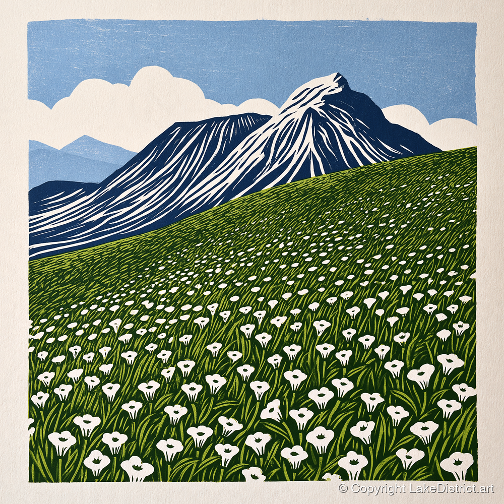 Blencathra and White Fellside Blooms - lake district fell art print and canvas by Reuben Shaw A.I