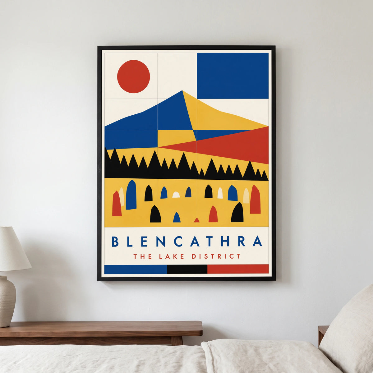 Blencathra travel poster in a black frame, hanging in a bedroom3