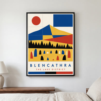 Blencathra travel poster in a black frame, hanging in a bedroom3