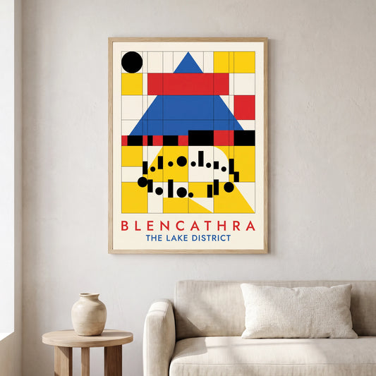 Blencathra travel poster in a natural frame, hanging in a living