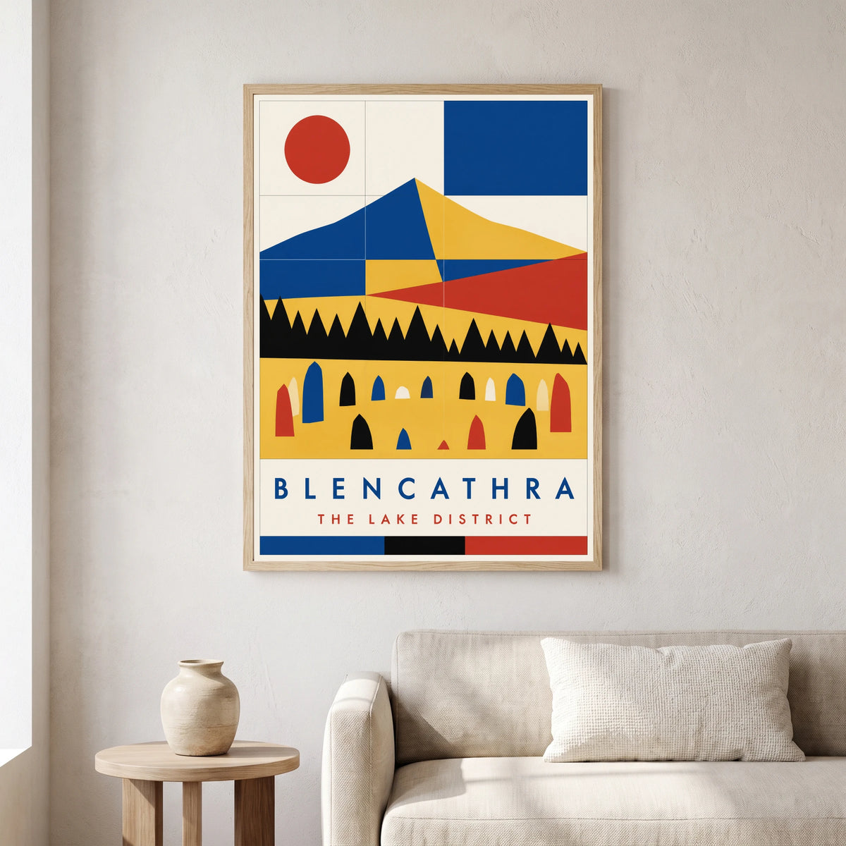 Blencathra travel poster in a natural frame, hanging in a living