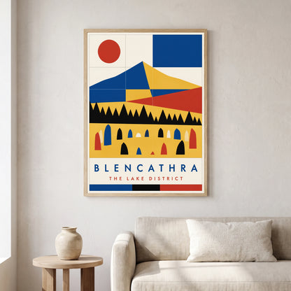 Blencathra travel poster in a natural frame, hanging in a living