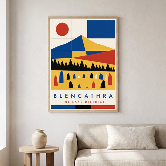 Blencathra travel poster in a natural frame, hanging in a living