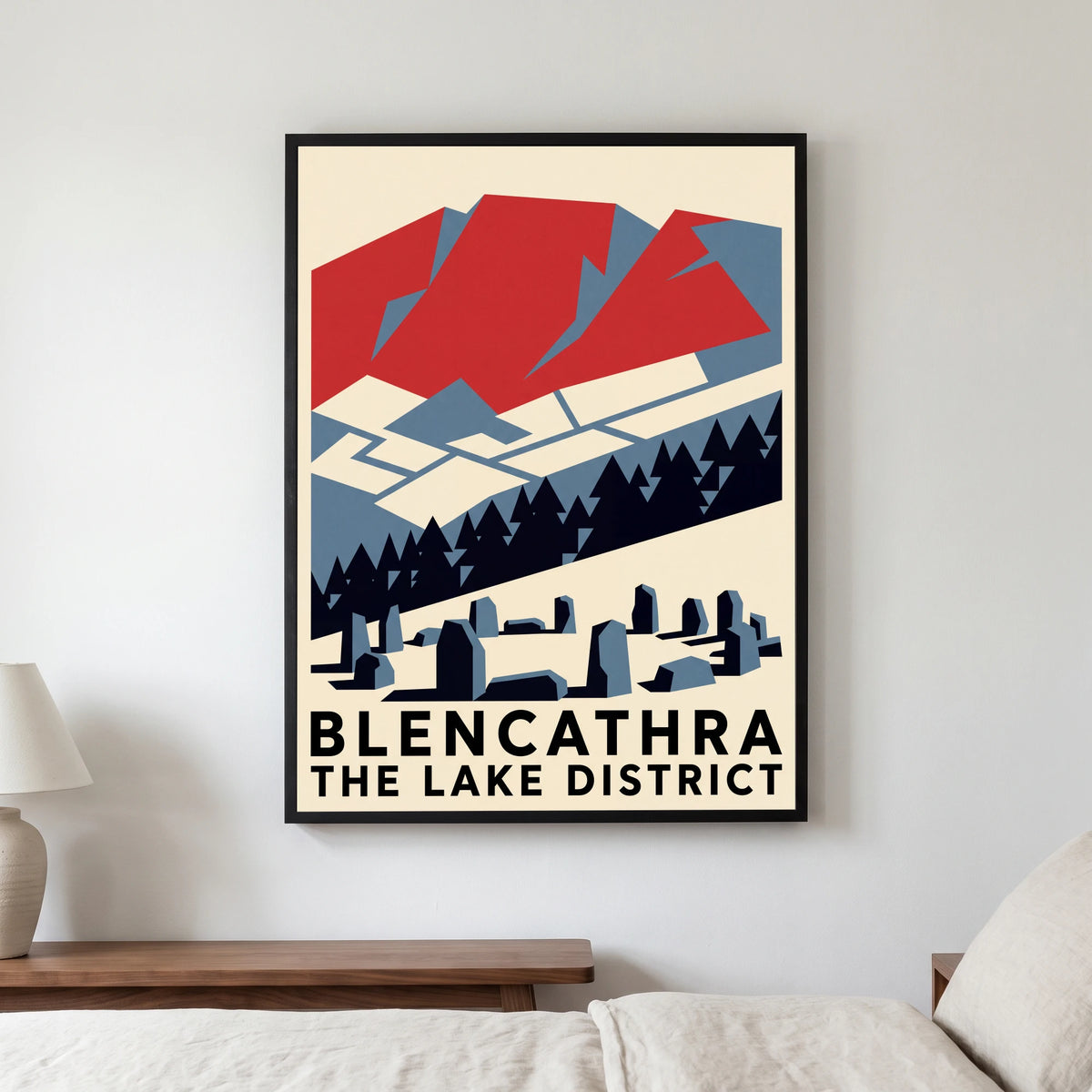 Blencathra travel poster in a black frame, hanging in a bedroom3