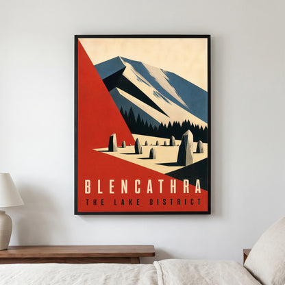 Blencathra travel poster in a black frame, hanging in a bedroom3