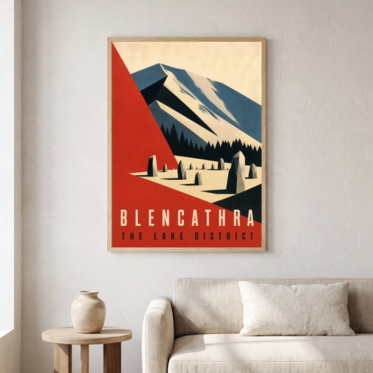 Blencathra travel poster in a natural frame, hanging in a living