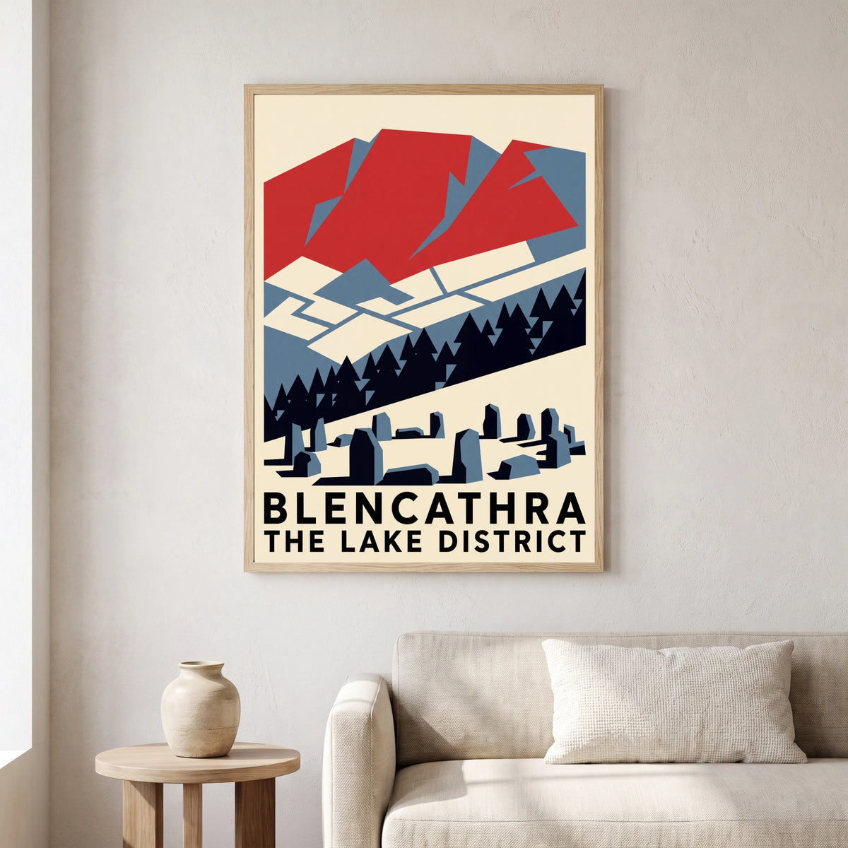 Blencathra travel poster in a natural frame, hanging in a living