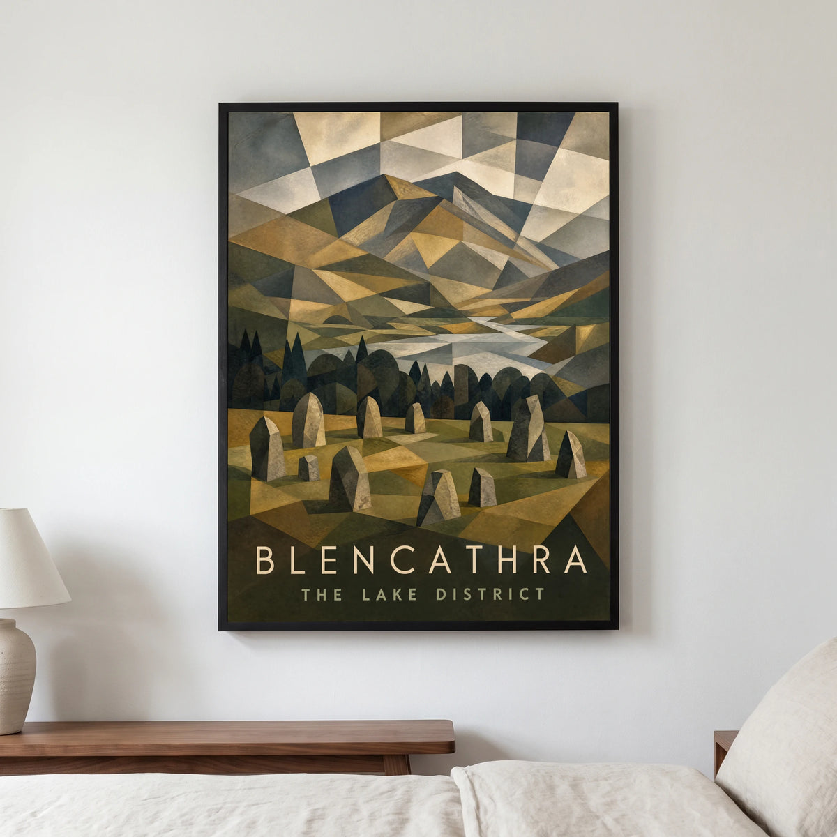 Blencathra travel poster in a black frame, hanging in a bedroom3