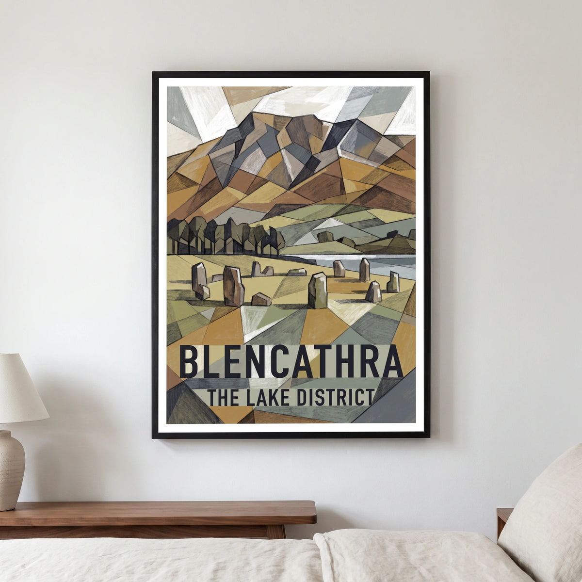 Blencathra travel poster in a black frame, hanging in a bedroom3