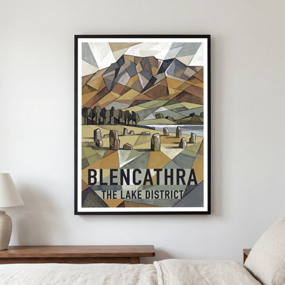 Blencathra travel poster in a black frame, hanging in a bedroom3