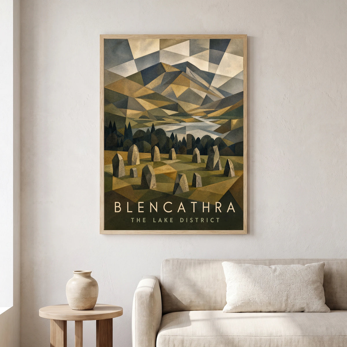 Blencathra travel poster in a natural frame, hanging in a living