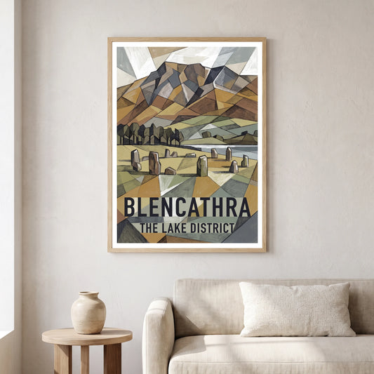 Blencathra travel poster in a natural frame, hanging in a living
