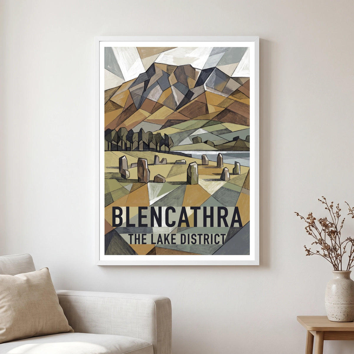 Blencathra travel poster in a white frame, hanging in a living2