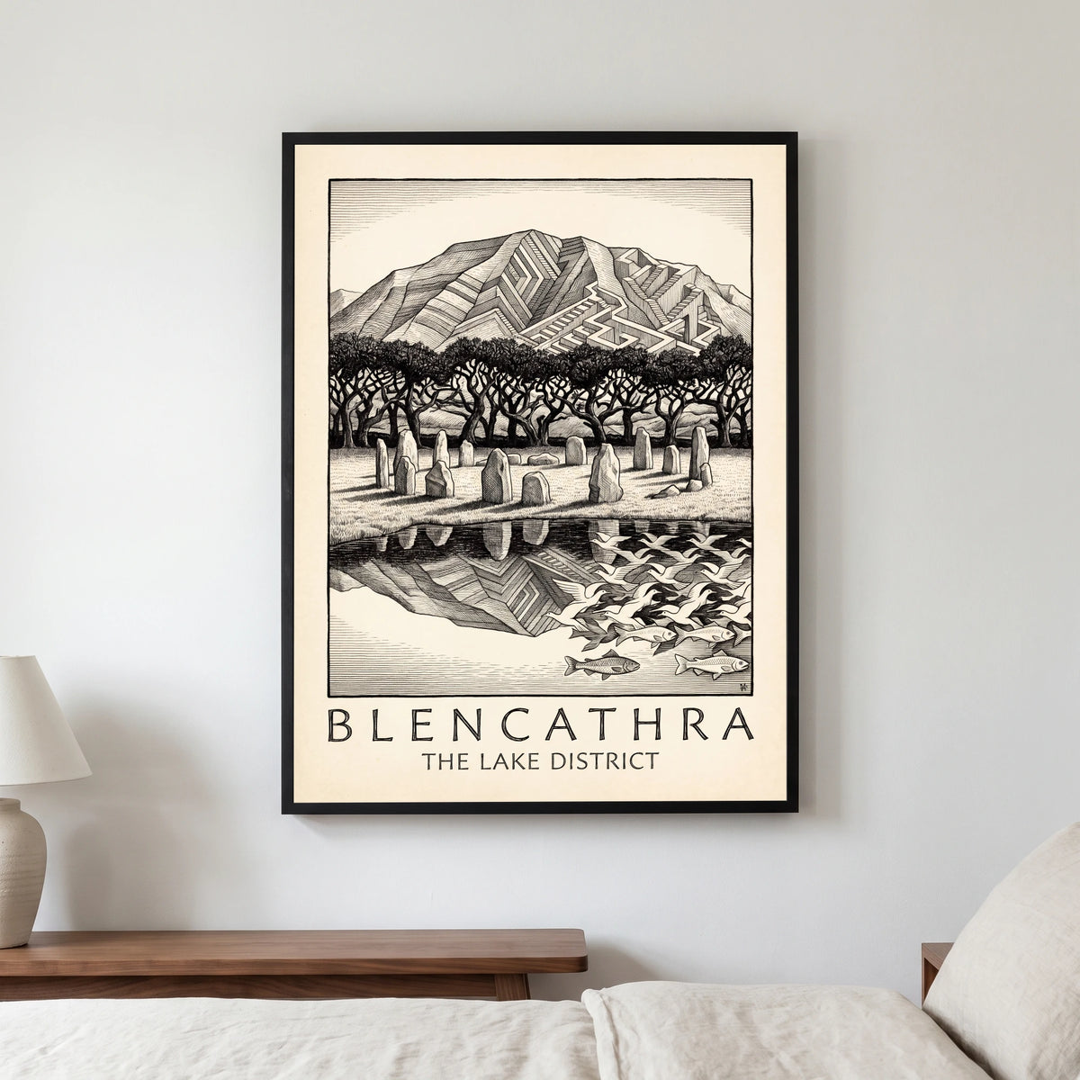 Blencathra travel poster in a black frame, hanging in a bedroom3