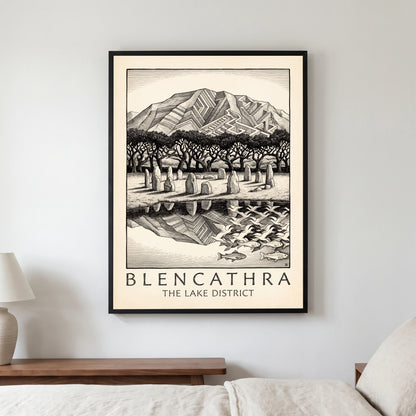 Blencathra travel poster in a black frame, hanging in a bedroom3