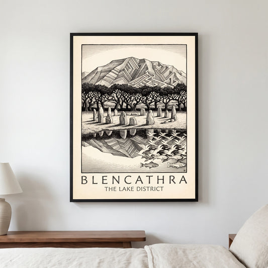 Blencathra travel poster in a black frame, hanging in a bedroom3